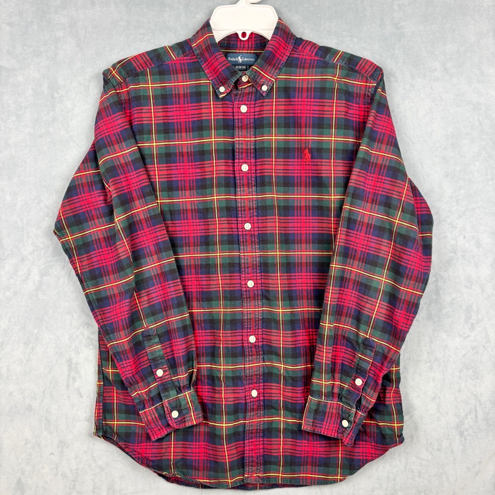 Ralph Lauren Boys XL 18-20 Red Green Plaid Cotton Button Down Shirt Pony Logo